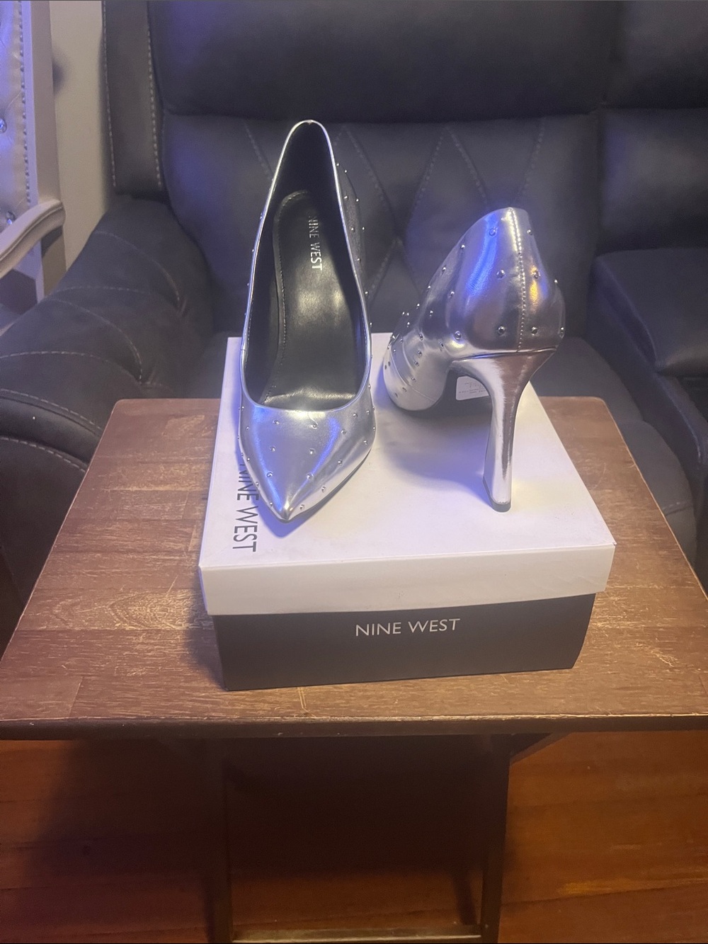 Nine West Metallic Silver Studded Pointed Toe Pumps
